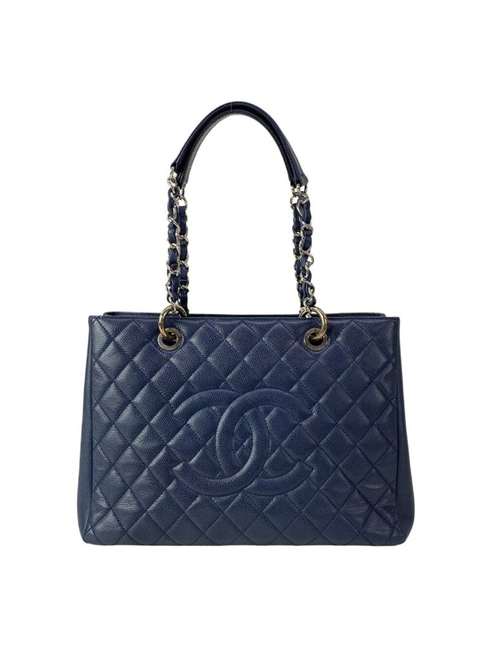 Chanel Tote Bag Reprint Chain Navy Shoulder Silver